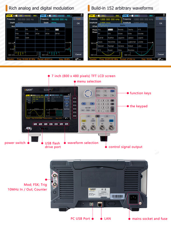 XDG2100 Generador De Funciones Owon 100 MHz 2 CH Modulación - Imagen 5