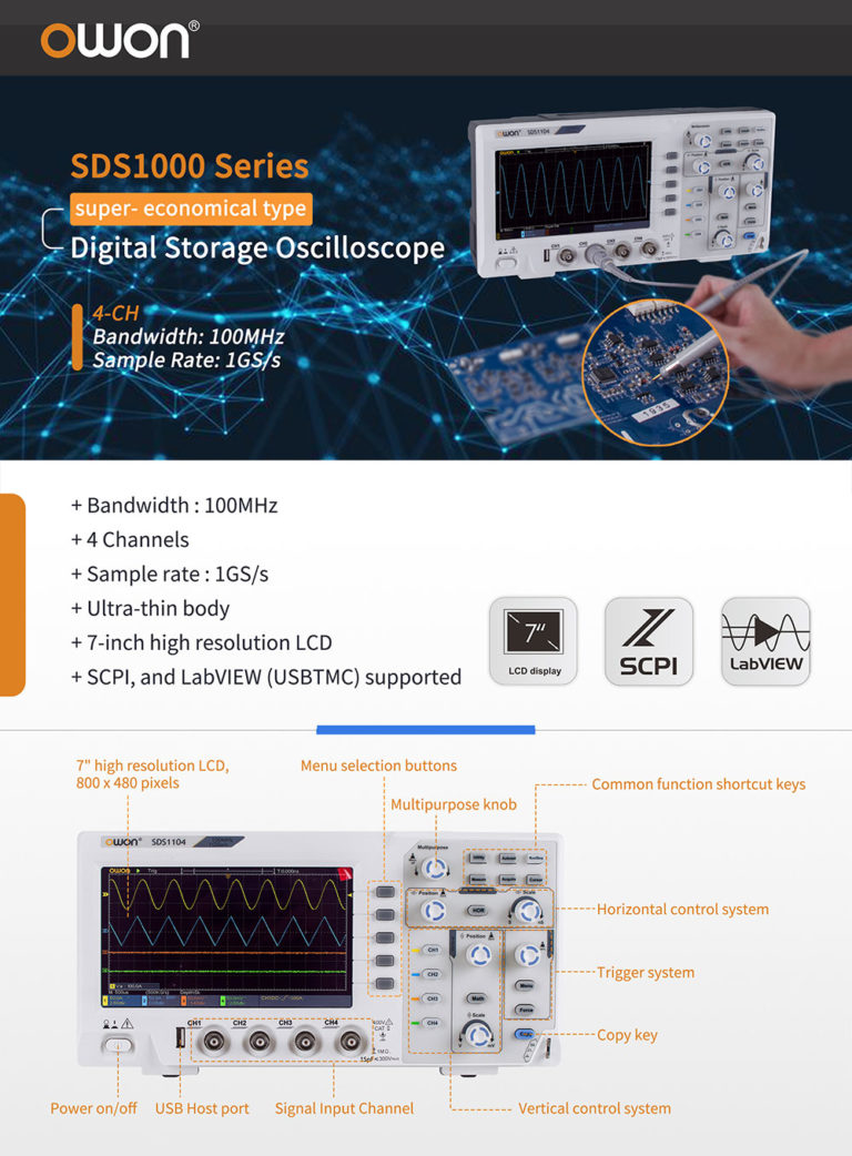 OWON SDS1104 Oscilloscopio Digitale 4 Canali 100MHz 1GS/s - Schermo LCD 7'' HD
