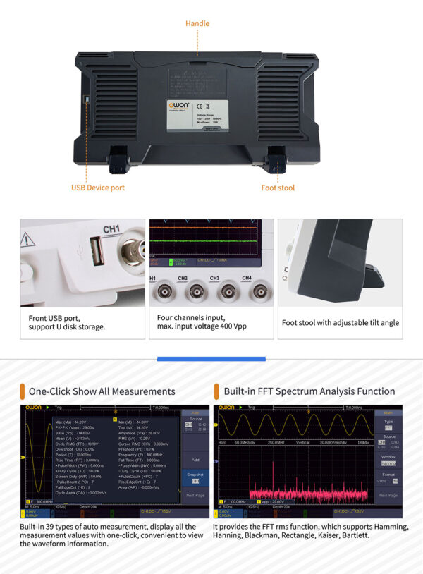 OWON SDS1104 Oscilloscopio Digitale 4 Canali 100MHz 1GS/s - Schermo LCD 7'' HD